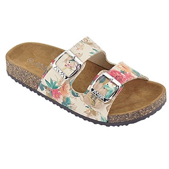 Shoes - Floral double strap cork slides